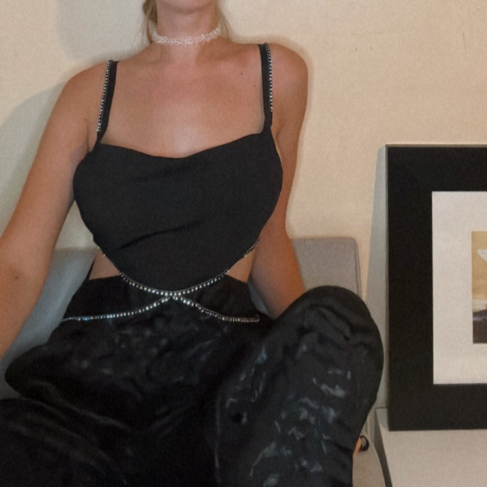 Topshop black satin silver rhinestones cut outs wide leg sleeveless jumpsuit